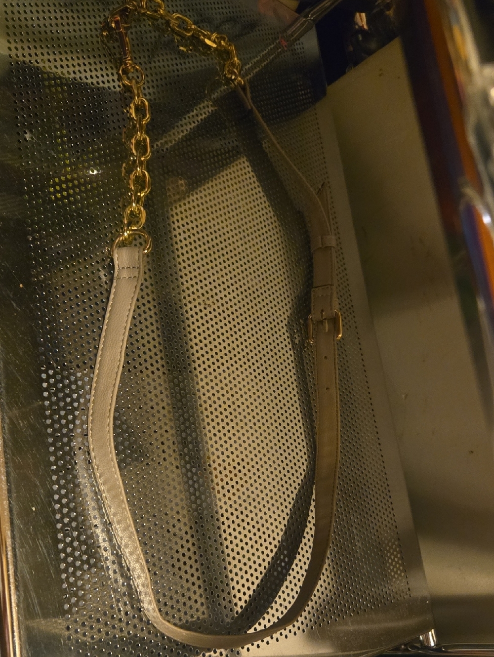 Neutral Beige Leather Chain-Accent Crossbody Strap